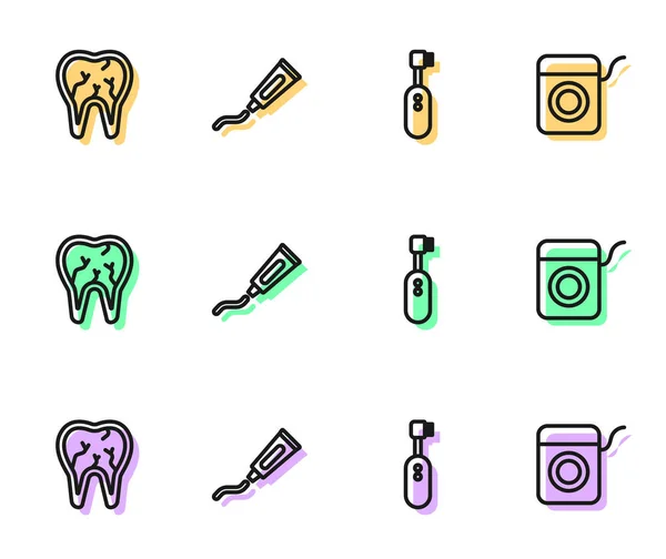 Set Line Cepillo Dientes Eléctrico Roto Tubo Pasta Dientes Icono — Vector de stock