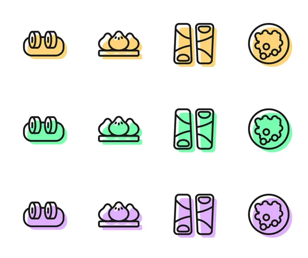 Establezca Línea Guotie Sushi Dumpling Arroz Icono Tazón Vector — Vector de stock