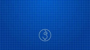 Mavi zemin üzerinde dolar sembolü olan beyaz çizgi lambası. Para fikir üretir. Fintech yenilik konsepti. 4K Video hareketli grafik canlandırması