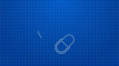 Mavi arka planda beyaz çizgi ilaç veya tablet ikonu var. Kapsül hapı ve uyuşturucu işareti. Eczane tasarımı. 4K Video hareketli grafik canlandırması