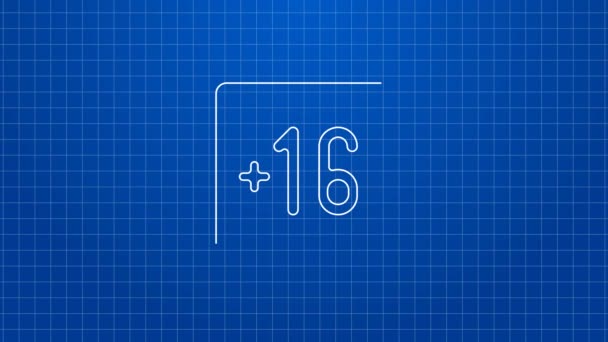 Línea blanca Plus 16 icono de la película aislado sobre fondo azul. Contenido para adultos. Dieciséis más icono. Concepto de negocio censurado. Animación gráfica de vídeo 4K — Vídeo de stock