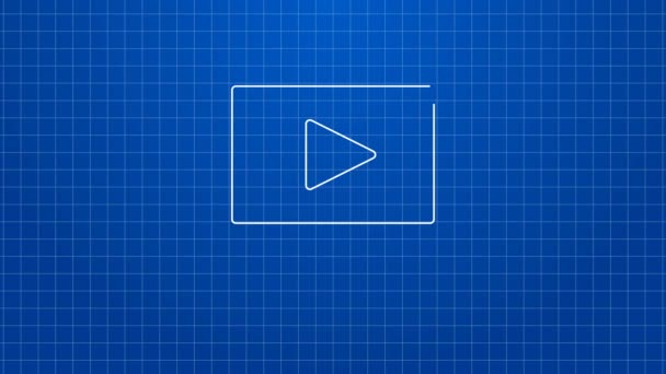 Bílá čára Online přehrát video ikonu izolované na modrém pozadí. Filmový proužek s nápisem. Grafická animace pohybu videa 4K — Stock video