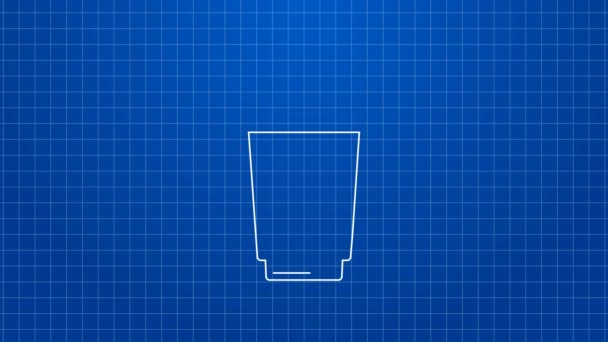 Fehér vonal Papírüveg ivószállal és víz ikon elszigetelt kék alapon. Üdítős pohár. Friss hideg ital szimbólum. 4K Videó mozgás grafikus animáció — Stock videók