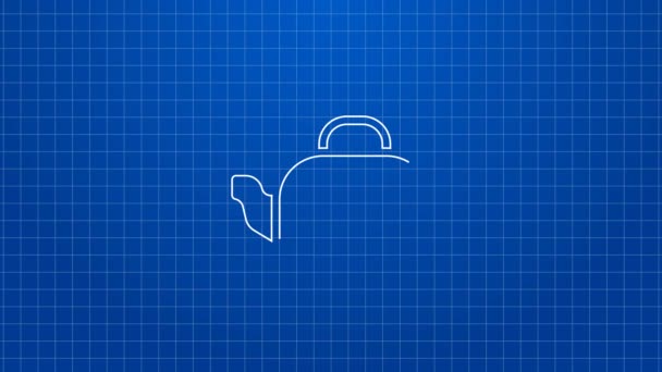 Weiße Linie Wasserkocher mit Griff-Symbol isoliert auf blauem Hintergrund. Teekanne vorhanden. 4K Video Motion Grafik Animation — Stockvideo