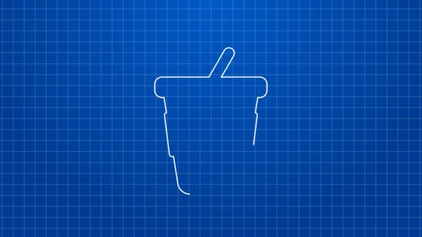 Beyaz çizgi kahve fincanı mavi arka planda izole edilmiş bir ikon haline gelecek. 4K Video hareketli grafik canlandırması — Stok video