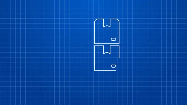 Bílá čára Kartónové krabice na paletě ikony izolované na modrém pozadí. Uzavřená kartonová krabička s křehkými nápisy. Grafická animace pohybu videa 4K — Stock video
