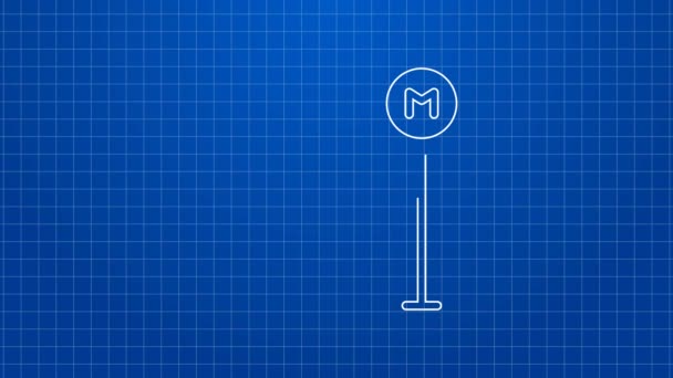 Linea bianca Icona di misurazione scatola di cartone isolato su sfondo blu. Scatola, pacco, cartello del pacco. Consegna e confezionamento. Animazione grafica 4K Video motion — Video Stock