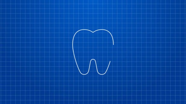 Mavi arka planda izole edilmiş ikonlu beyaz çizgi diş. Diş çürüğü. 4K Video hareketli grafik canlandırması — Stok video