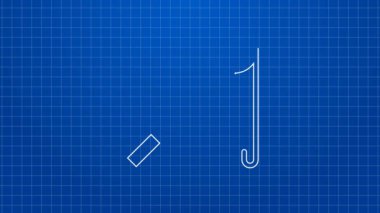 Mavi arka planda beyaz çizgili olta simgesi izole edildi. Büyük bir balık yakala. Balıkçılık ekipmanları ve balık çiftliği konuları. 4K Video hareketli grafik canlandırması