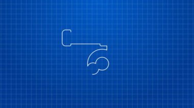 Mavi arka planda beyaz çizgili olta simgesi izole edildi. Büyük bir balık yakala. Balıkçılık ekipmanları ve balık çiftliği konuları. 4K Video hareketli grafik canlandırması