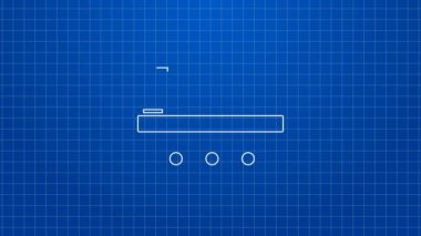 Beyaz çizgi şarap şişeleri mavi arka planda izole edilmiş ahşap bir kutu ikonunda. Tahta bir sandıkta şarap şişeleri. 4K Video hareketli grafik canlandırması