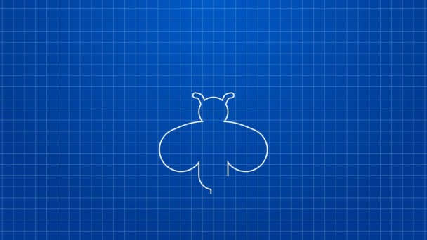 Witte lijn Koningin bij pictogram geïsoleerd op blauwe achtergrond. Zoet natuurlijk voedsel. Honingbij of apis met vleugels symbool. Vliegend insect. 4K Video motion grafische animatie — Stockvideo