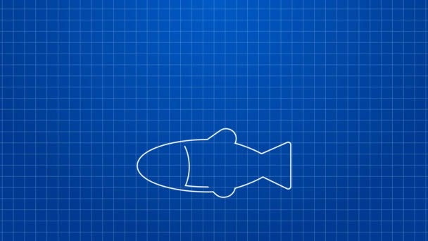 Ligne blanche Icône de poisson mort isolé sur fond bleu. Des poissons pourris. Animation graphique de mouvement vidéo 4K — Video