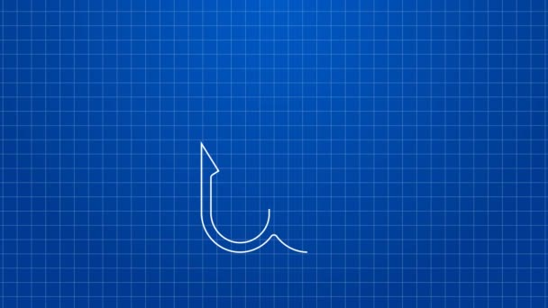 Linea bianca icona del gancio da pesca isolato su sfondo blu. Attrezzatura da pesca. Animazione grafica 4K Video motion — Video Stock