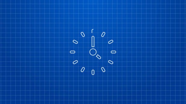 Weiße Linie Clock Symbol isoliert auf blauem Hintergrund. Zeitsymbol. 4K Video Motion Grafik Animation — Stockvideo