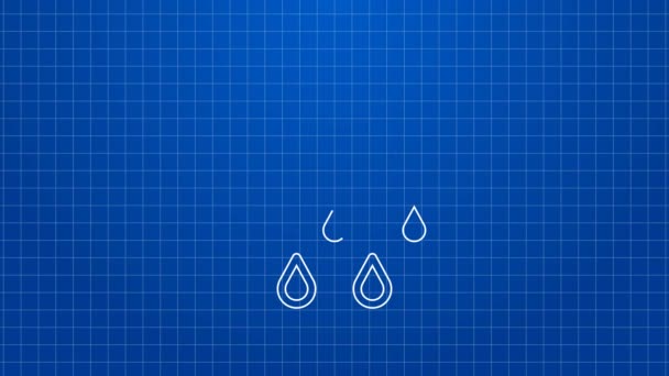 Ligne blanche Nuage avec icône de pluie isolée sur fond bleu. Précipitation de nuages de pluie avec gouttes de pluie. Animation graphique de mouvement vidéo 4K — Video