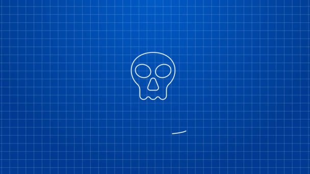 Vit linje dödskalle ikon isolerad på blå bakgrund. Glad halloweenfest. 4K Video motion grafisk animation — Stockvideo