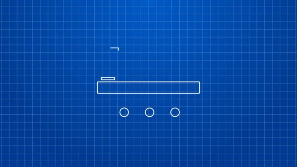 Beyaz çizgi şarap şişeleri mavi arka planda izole edilmiş ahşap bir kutu ikonunda. Tahta bir sandıkta şarap şişeleri. 4K Video hareketli grafik canlandırması — Stok video