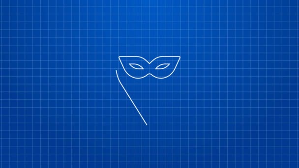 Linea bianca icona maschera di Carnevale isolato su sfondo blu. Maschera da festa in maschera. Animazione grafica 4K Video motion — Video Stock