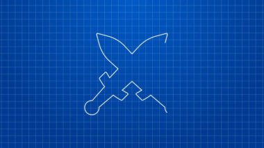 Beyaz çizgi mavi arka planda izole edilmiş ortaçağ kılıç simgesini geçti. Ortaçağ silahı. 4K Video hareketli grafik canlandırması
