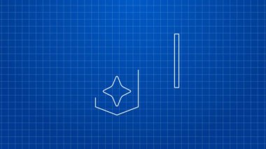 Mavi arka planda bayrak simgesi olan beyaz çizgi Trompet. Müzik aleti trompeti. 4K Video hareketli grafik canlandırması