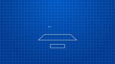 Mavi arka planda izole edilmiş bir çek simgesi olan beyaz çizgi yazar kasa makinesi. Kasiyer tabelası. Tabut sembolü. 4K Video hareketli grafik canlandırması