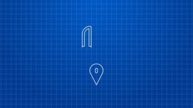 Beyaz çizgili kafe ve restoran konumu ikonu mavi arka planda izole edildi. Nokta içinde bıçak ve kaşık yeme işareti var. 4K Video hareketli grafik canlandırması.