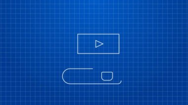 Sinema ikonu hakkındaki beyaz çizgi kitabı mavi arka planda izole edilmiş. 4K Video hareketli grafik canlandırması