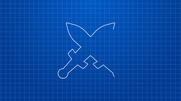 White line Crossed medieval sword icon isolated on blue background. Medieval weapon. 4K Video motion graphic animation — Stock Video