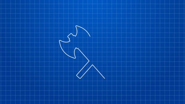 Witte lijn Gekruiste middeleeuwse bijlen pictogram geïsoleerd op blauwe achtergrond. Strijdbijl, beul bijl. Middeleeuws wapen. 4K Video motion grafische animatie — Stockvideo