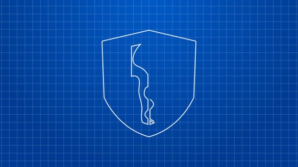 Icono de Escudo de línea blanca aislado sobre fondo azul. Señal de guardia. Seguridad, seguridad, protección, concepto de privacidad. Animación gráfica de vídeo 4K — Vídeo de stock