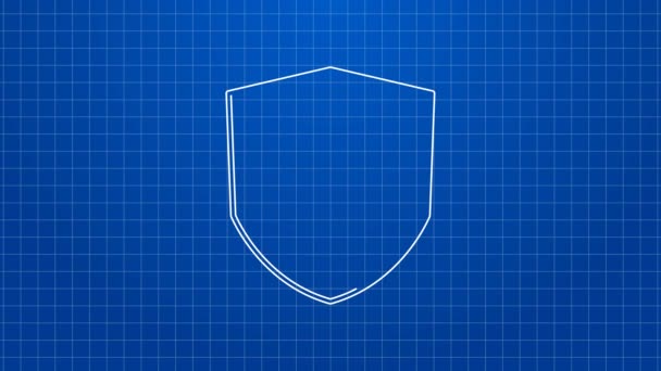 Icono de Escudo de línea blanca aislado sobre fondo azul. Señal de guardia. Seguridad, seguridad, protección, concepto de privacidad. Animación gráfica de vídeo 4K — Vídeos de Stock