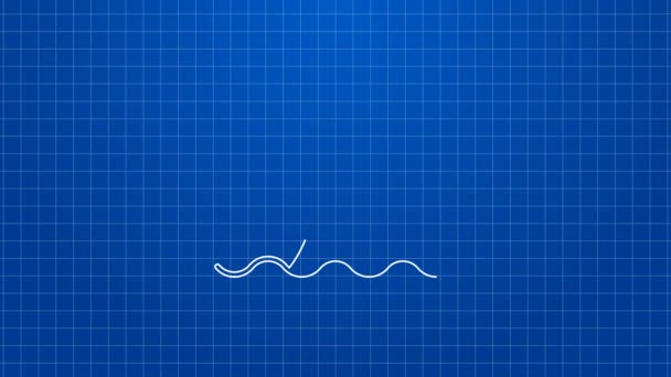 Cauda de baleia de linha branca no ícone da onda oceânica isolada no fundo azul. Animação gráfica em movimento de vídeo 4K — Vídeo de Stock