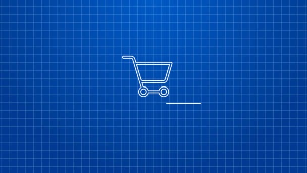 White line Shopping cart on monitor icon isolated on blue background. Concept e-commerce, e-business, online business marketing. 4K Video motion graphic animation — Stock Video