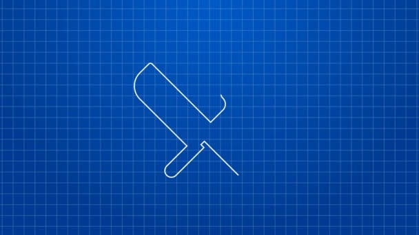 Fehér vonal Keresztezett kés és villa ikon elszigetelt kék háttérrel. Evőeszköz szimbólum. 4K Videó mozgás grafikus animáció — Stock videók