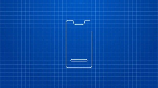 Vit linje Mat beställning på mobil ikon isolerad på blå bakgrund. Beställ via mobiltelefon. Koncept för leverans av restaurangmat. 4K Video motion grafisk animation — Stockvideo