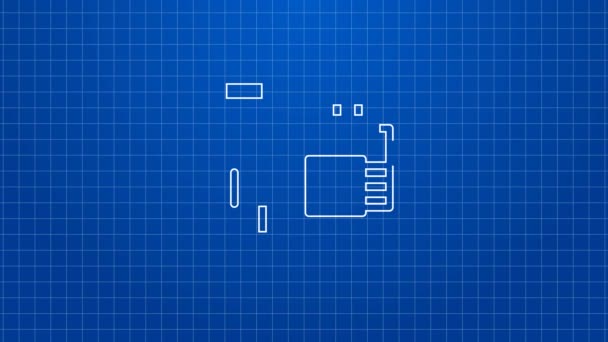 Белая линия Электронные компоненты компьютера материнской платы цифровой чип интегрированной науки значок изолирован на синем фоне. Цепная плата. Видеографическая анимация 4K — стоковое видео