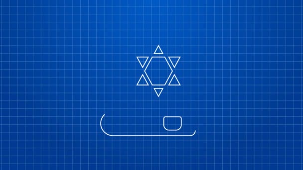 Witte lijn Joods Torah boek icoon geïsoleerd op blauwe achtergrond. Op de omslag van de Bijbel staat het beeld van de Davidster. 4K Video motion grafische animatie — Stockvideo