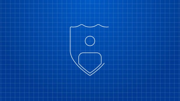 Línea blanca Seguro de vida con icono de escudo aislado sobre fondo azul. Seguridad, seguridad, protección, concepto de protección. Animación gráfica de vídeo 4K — Vídeo de stock