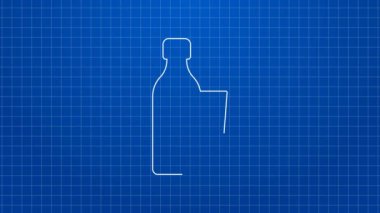 Mavi zemin üzerinde cam simge olan beyaz çizgi şeklinde bir su şişesi. Soda su içme tabelası. 4K Video hareketli grafik canlandırması