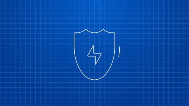 White line Lightning and shield icon isolated on blue background. High voltage shield. Safe energy. 4K Video motion graphic animation — Stock Video