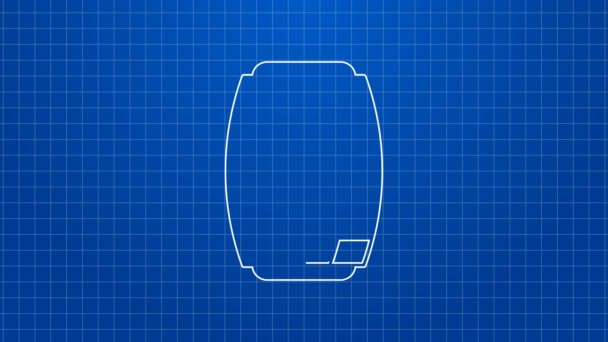 Línea blanca Icono de barril de madera aislado sobre fondo azul. Barril de alcohol, recipiente de bebida, barril de madera para cerveza, whisky, vino. Animación gráfica de vídeo 4K — Vídeos de Stock