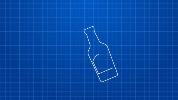 Linea bianca Bottiglia di birra icona isolata su sfondo blu. Animazione grafica 4K Video motion — Video Stock