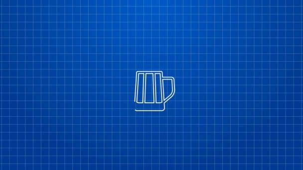 Weiße Linie Straßenschild mit Glas Bier Symbol isoliert auf blauem Hintergrund. Geeignet für Werbung Bar, Café, Pub, Restaurant. 4K Video Motion Grafik Animation — Stockvideo
