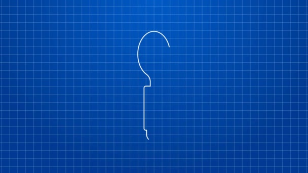 Línea blanca Icono de cuchara aislado sobre fondo azul. Utensil de cocina. Signo de cubertería. Animación gráfica de vídeo 4K — Vídeos de Stock