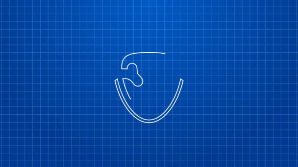 Vit linje Hjorthorn på sköld ikon isolerad på blå bakgrund. Jakttrofé på väggen. 4K Video motion grafisk animation — Stockvideo