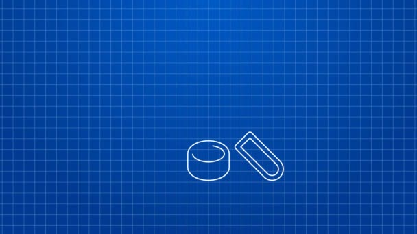 화이트 라인 아이스 하키 스틱과 퍽 아이콘은 파란 배경에 분리되어 있다. 경기 시작. 4K 비디오 모션 그래픽 애니메이션 — 비디오