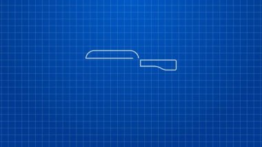 Beyaz çizgi, yanan tencerede pişirme ikonu mavi arka planda izole edilmiş. Haşlama ya da güveç besin sembolü. 4K Video hareketli grafik canlandırması