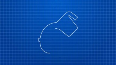 Beyaz çizgi ölçme kabı mavi arka planda izole edilmiş kase ikonuna sıvı döküyor. Plastik şişenin sapı var. 4K Video hareketli grafik canlandırması