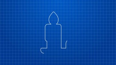 Mavi arkaplanda beyaz çizgi yanan mum ikonu izole edilmiş. Silindirik mum çubuğu ve yanan ateş. 4K Video hareketli grafik canlandırması